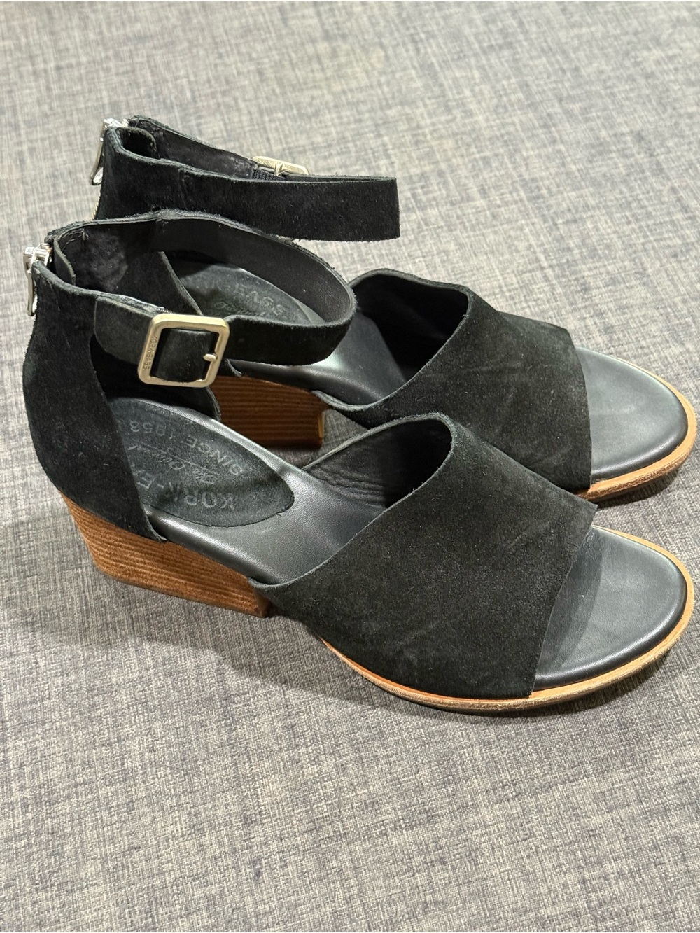 Kork-Ease Gazania Black Suede Open-Toe Ankle Strap Block Heel Sandals